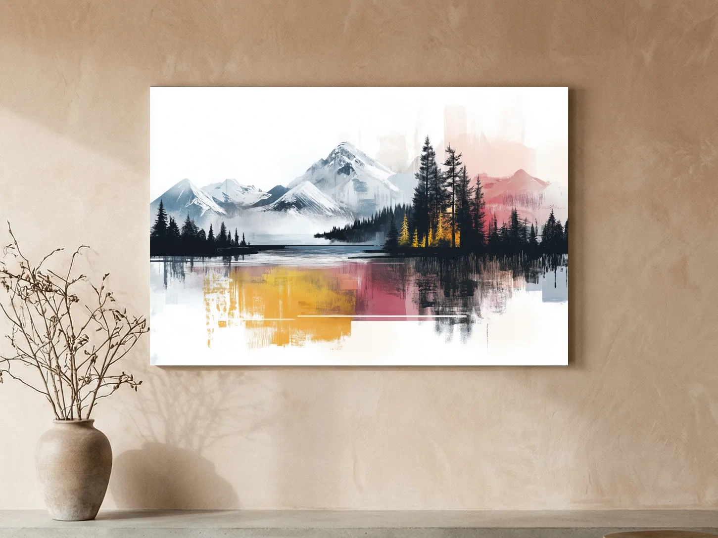 Abstract Misty Mountain Lake Painting - Modern Watercolor Pine Forest Art