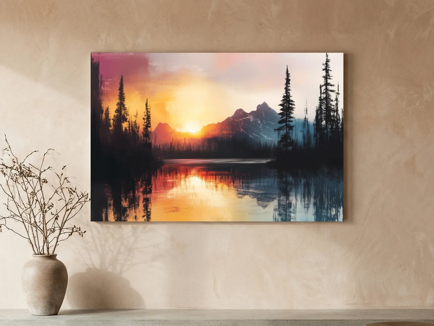 Sunset Mountain Lake Reflection Painting - Dramatic Pine Forest Landscape Wall Art