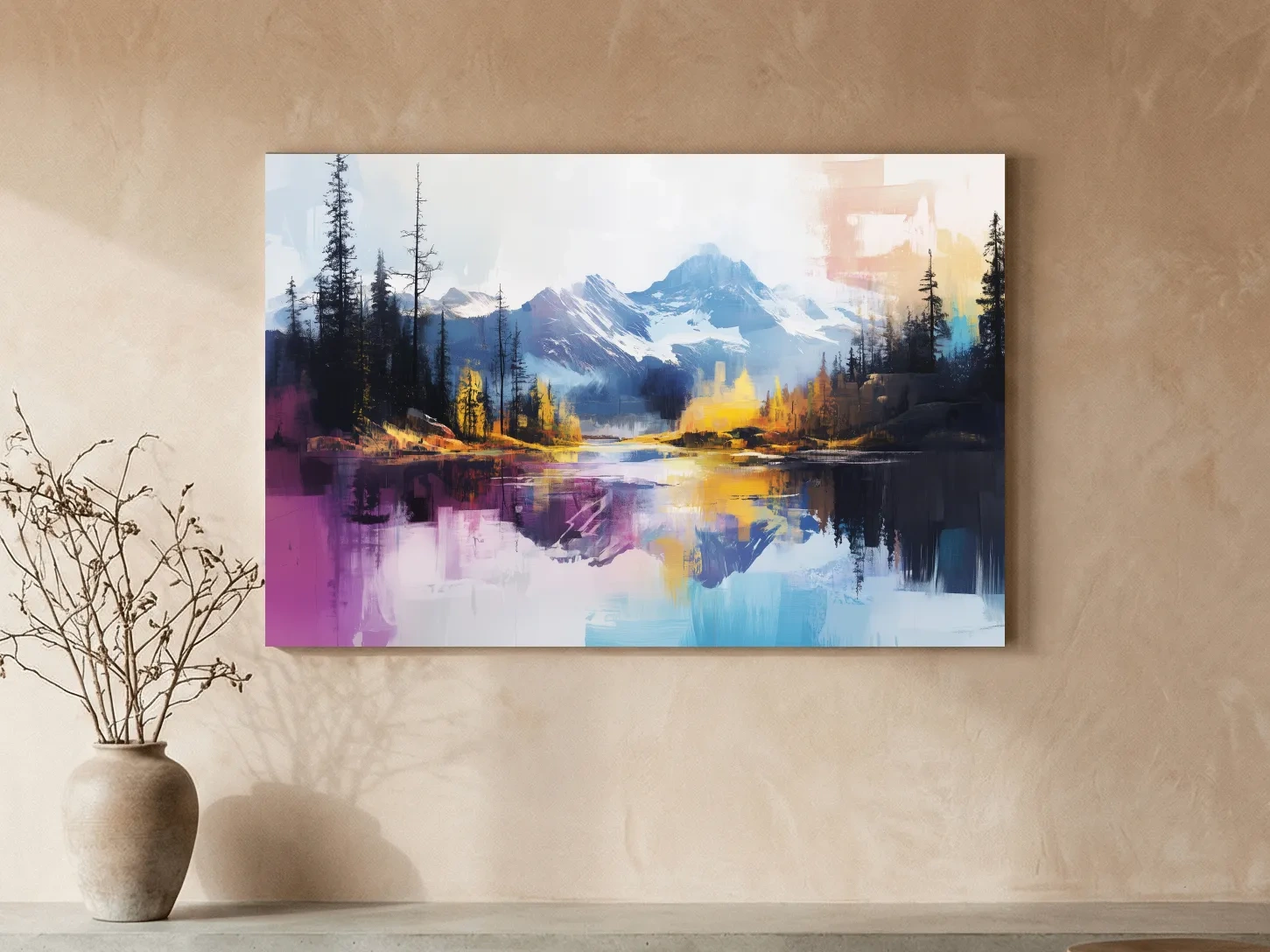 Vibrant Abstract Mountain Lake Reflection Painting - Colorful Modern Landscape Wall Art