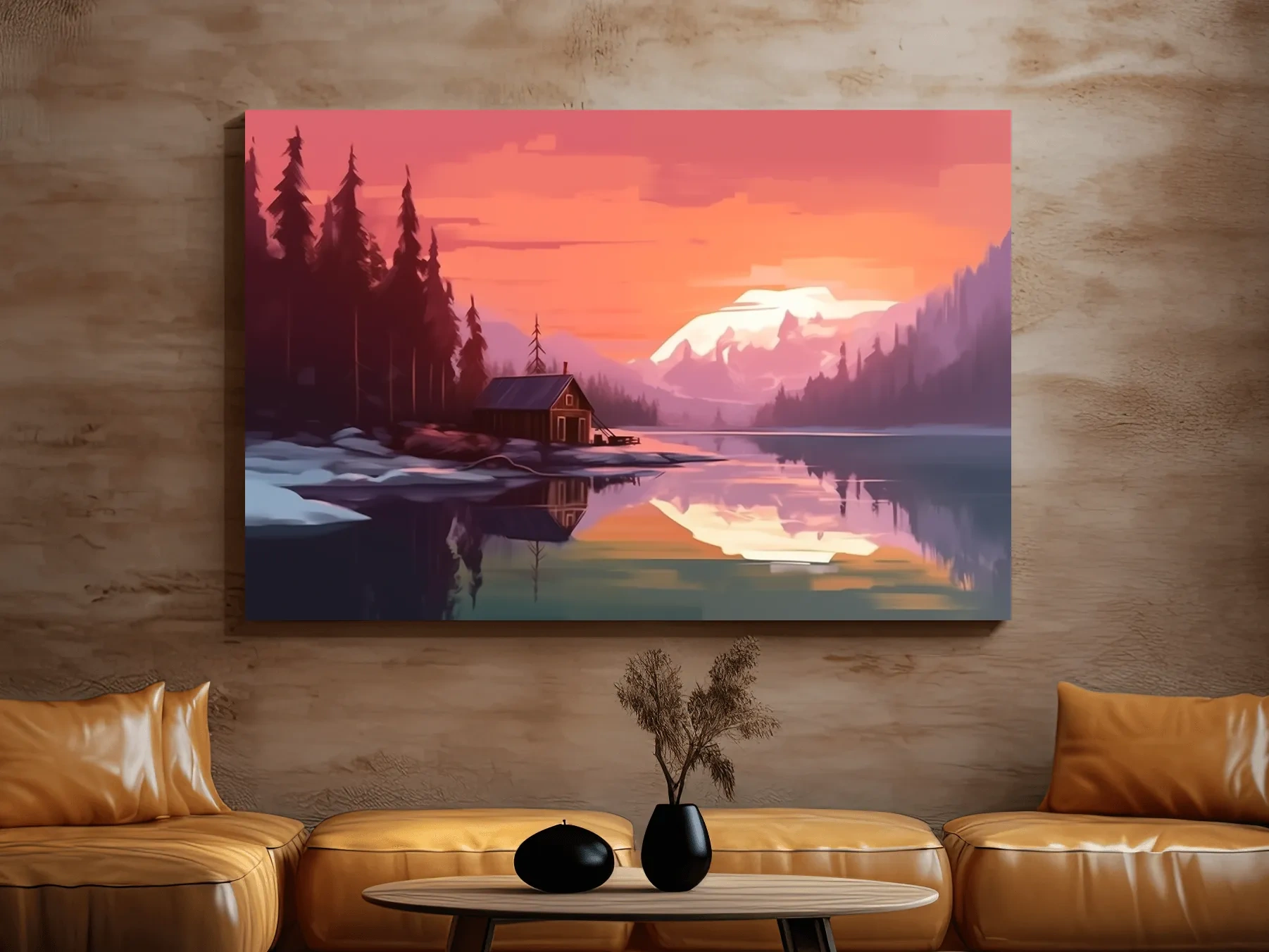 Sunset Mountain Lake Cabin Painting - Serene Alpine Landscape Wall Art