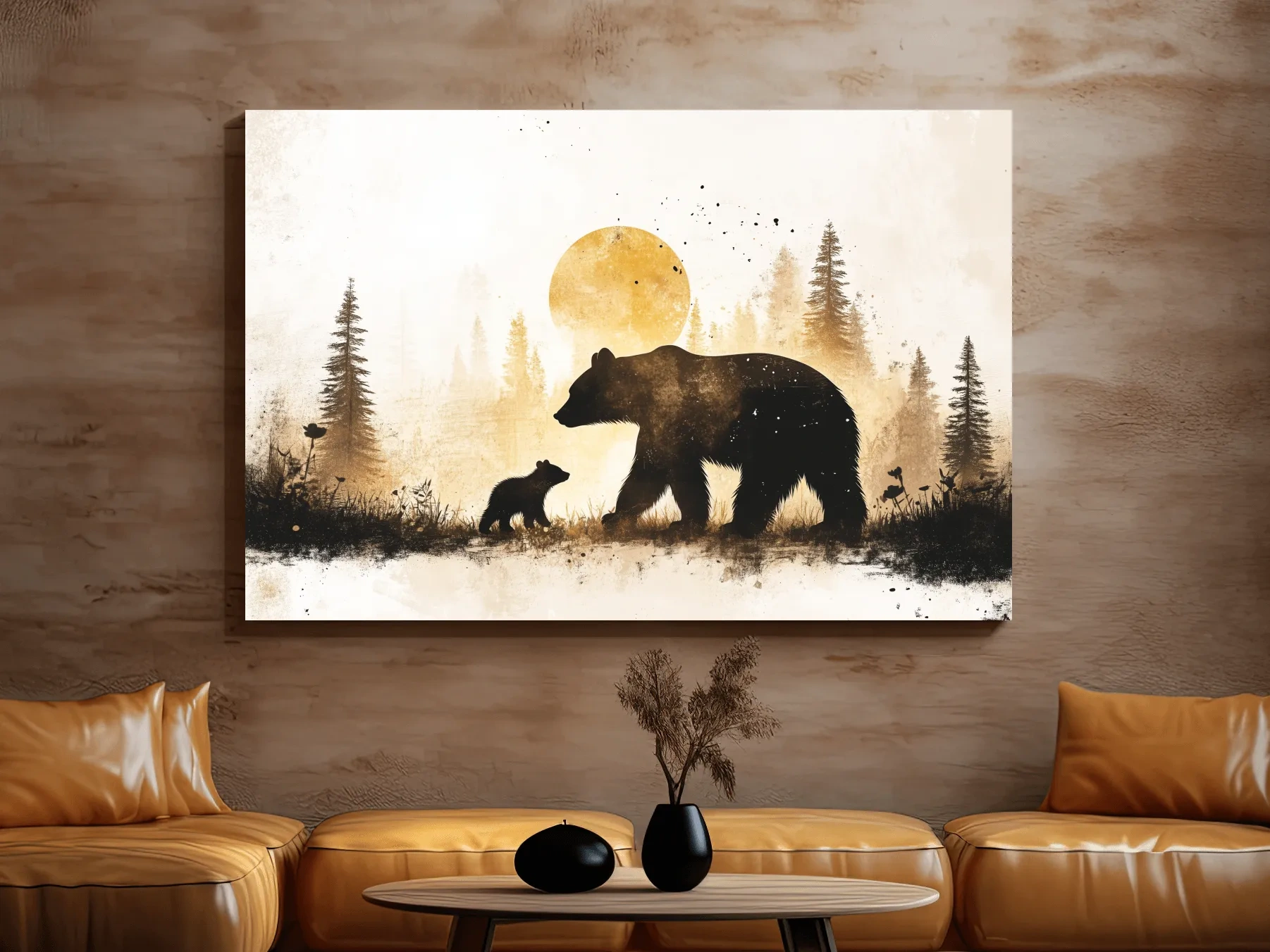 Momma bear and her cub in the forest, textured illustration wall artwork