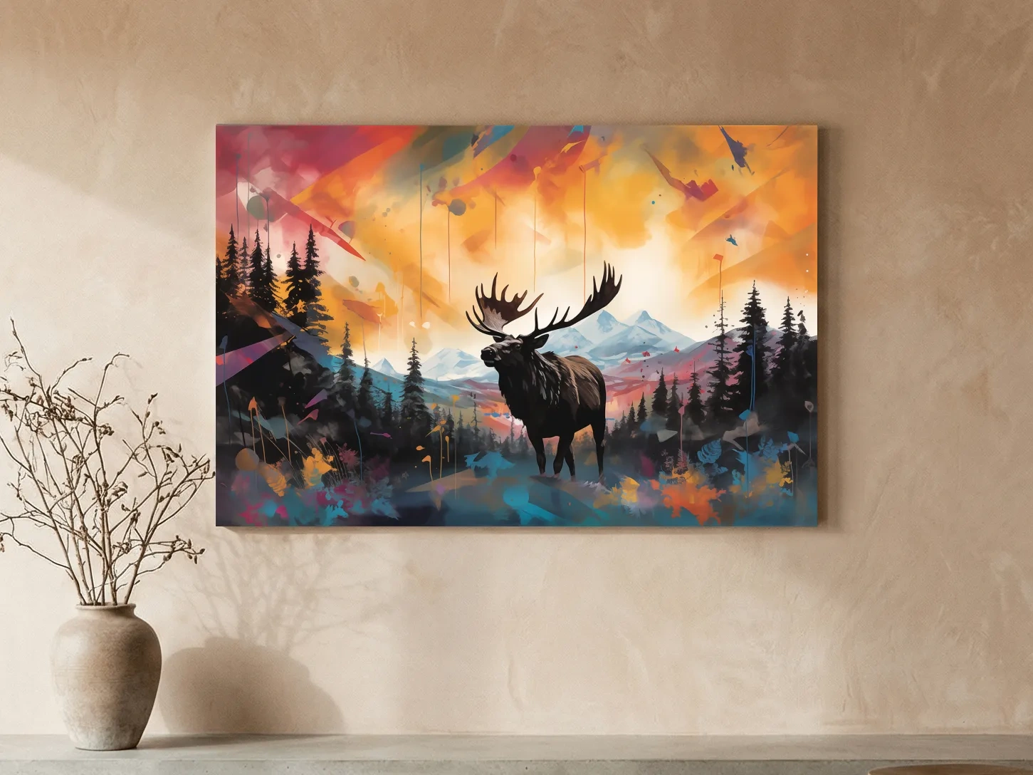 Vibrant Abstract Moose Mountain Painting - Colorful Wildlife Wall Art