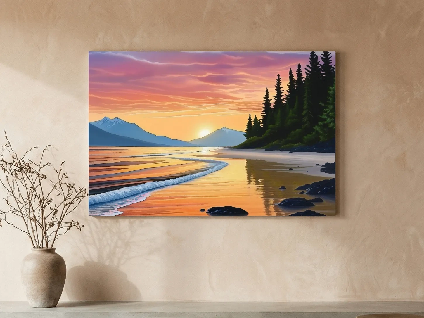Pacific Northwest Coastal Sunset Beach Painting - Vibrant Pine Wall Art