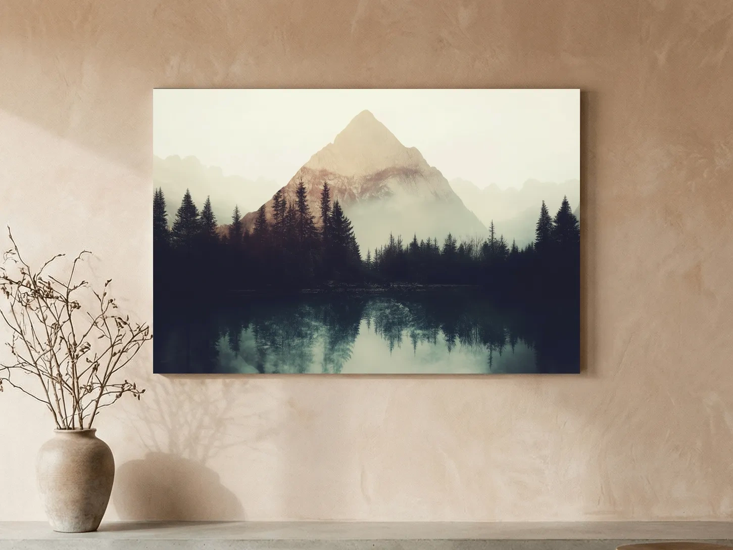 Misty Pine Forest Silhouette Lake Reflection - Moody Mountain Wall Art