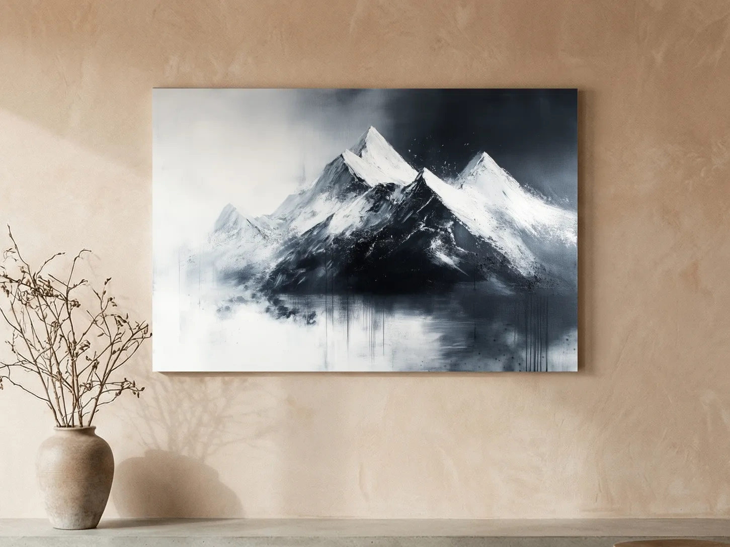 Moody Monochrome Snowcapped Mountain Peaks Painting - Modern Minimalist Wall Art