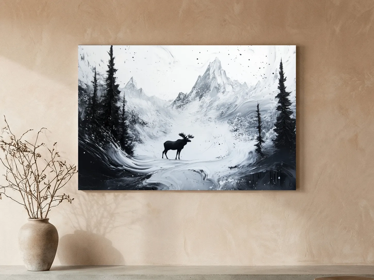 Moody Monochrome Moose Alpine Meadows - Abstract Ink Wash Wildlife Wall Art