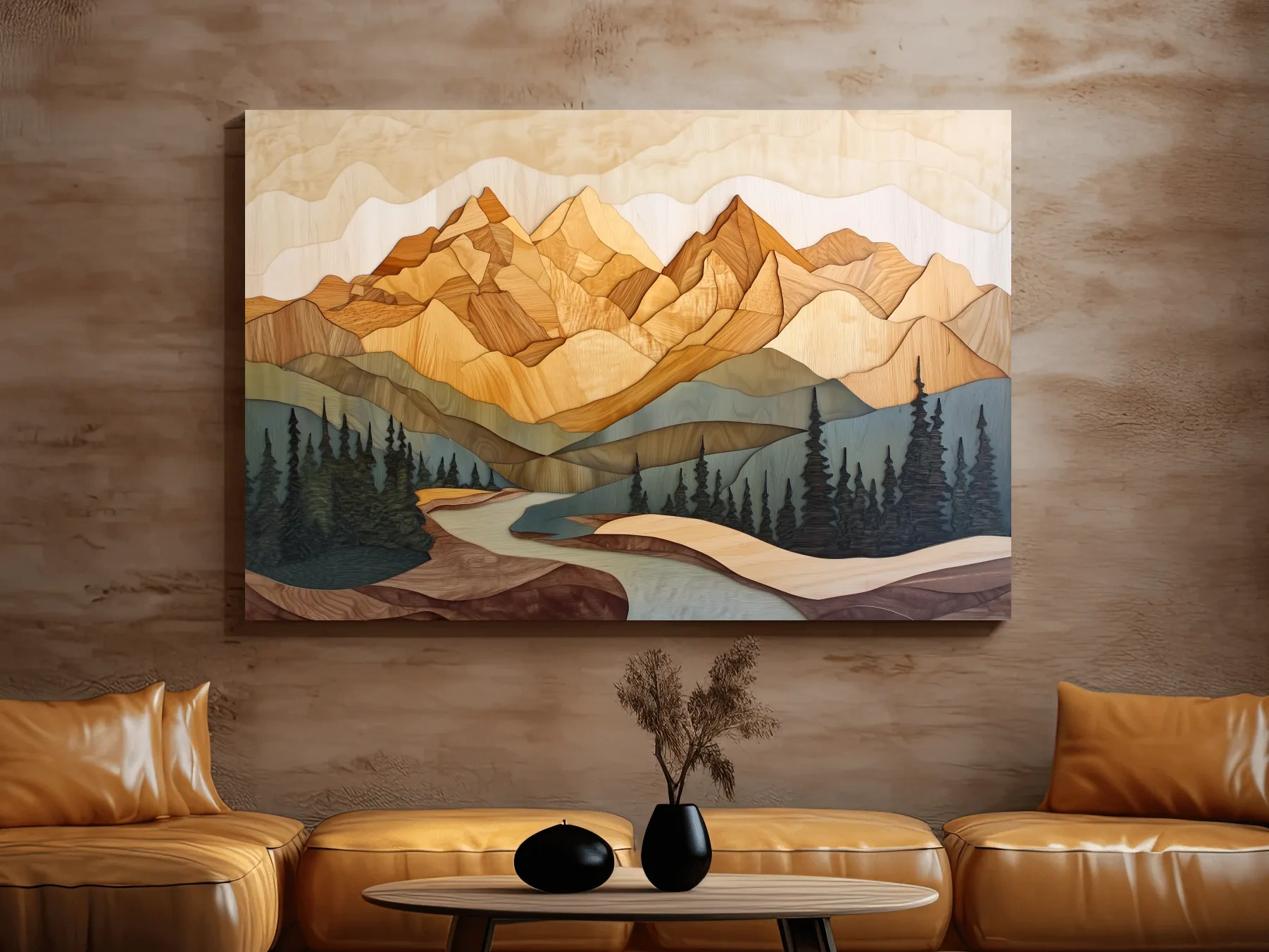 Wood Intarsia Mountain Landscape - Warm Earth Tone Alpine Forest Wall Art