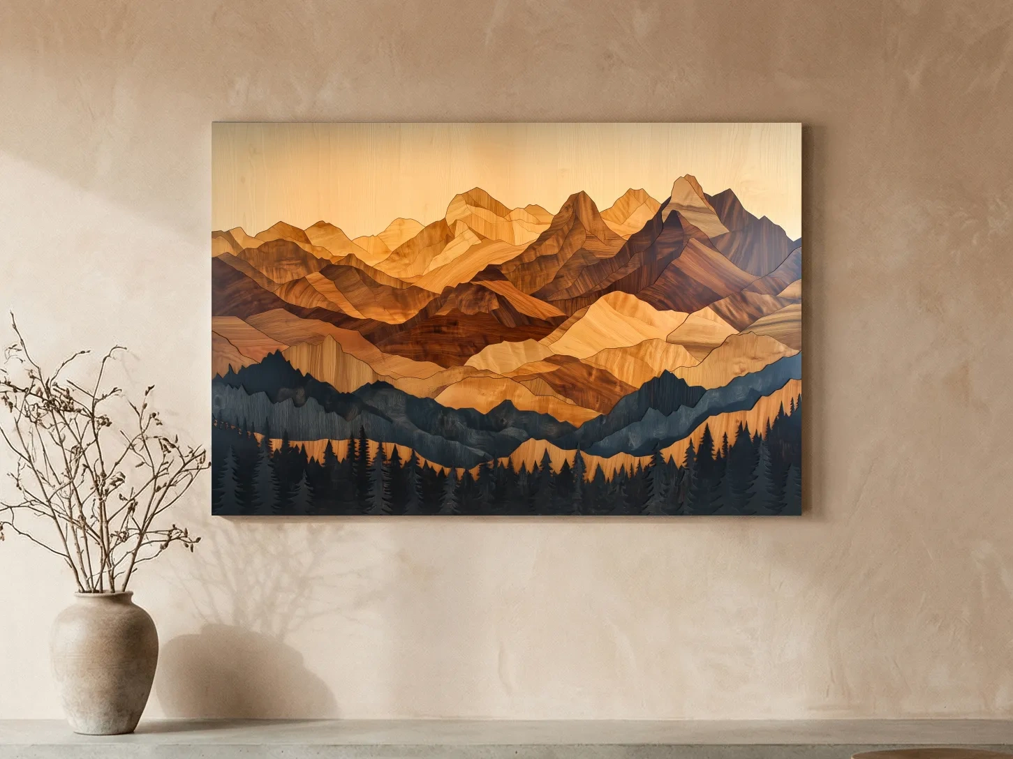 Layered Woodcut Intarsia Mountain Range Landscape - Peaks And Pine Forest Wall Art