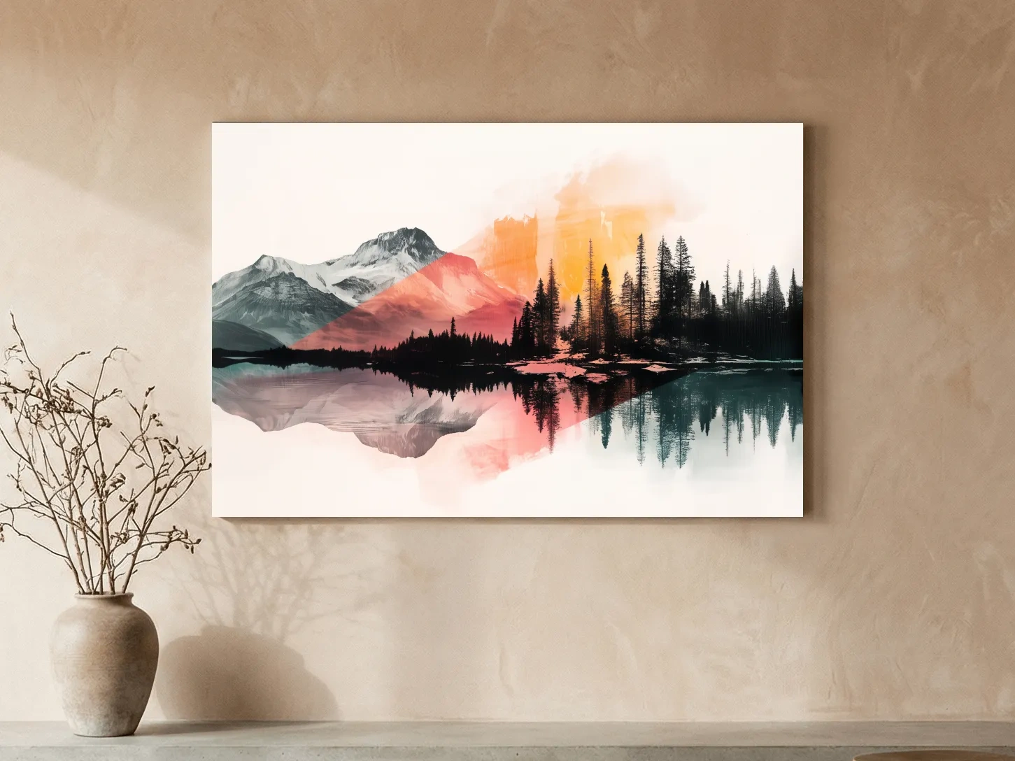 Abstract Alpine Lake Reflection Painting - Modern Watercolor Forest Landscape Wall Art