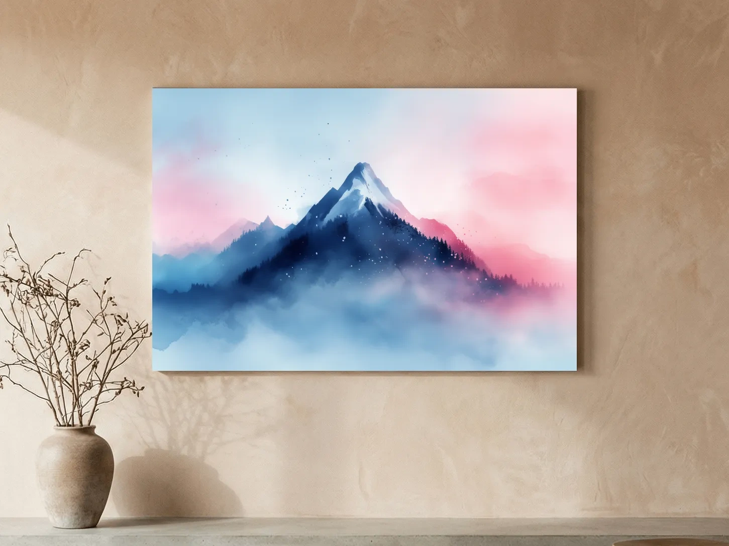Dreamy mountain painting artwork, glacial peaks above the clouds in pastel hues