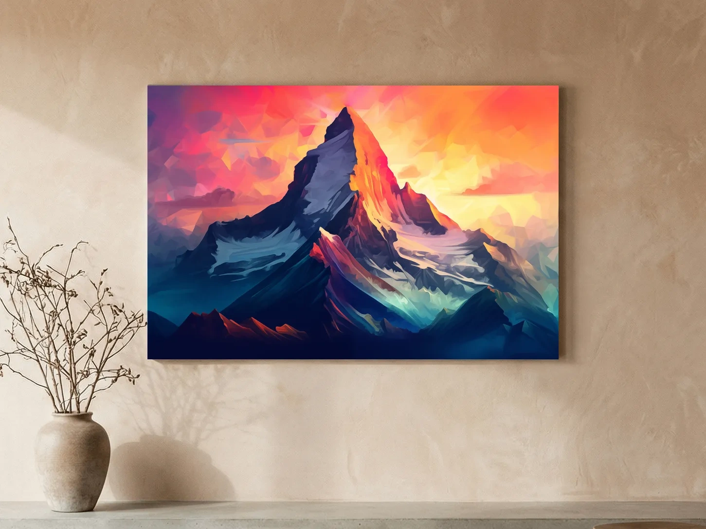 Vibrant Geometric Alpine Peak Sunrise - Modern Abstract Mountain Wall Art