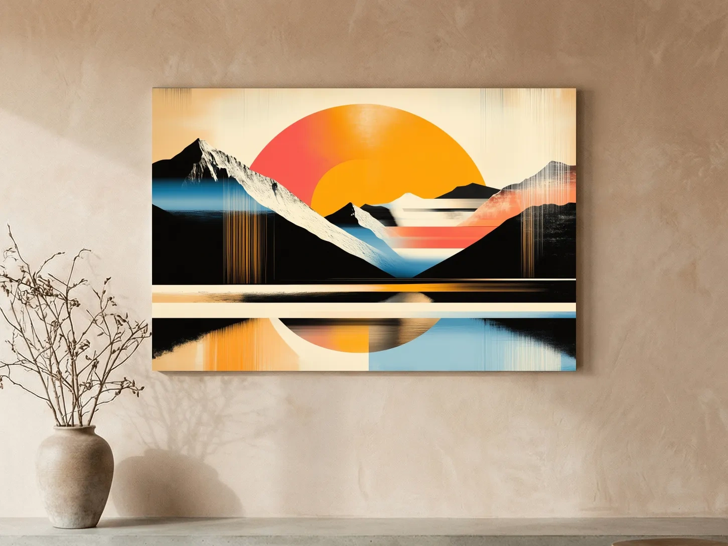 Retro Abstract Alpine Lake Sunset Artwork - Geometric Landscape Wall Art