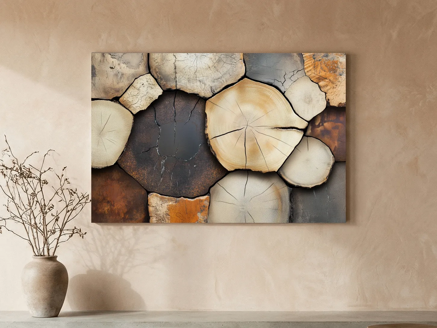 Rustic Stacked Firewood Log Cross Sections - Warm Neutral Wood Texture Wall Art Print