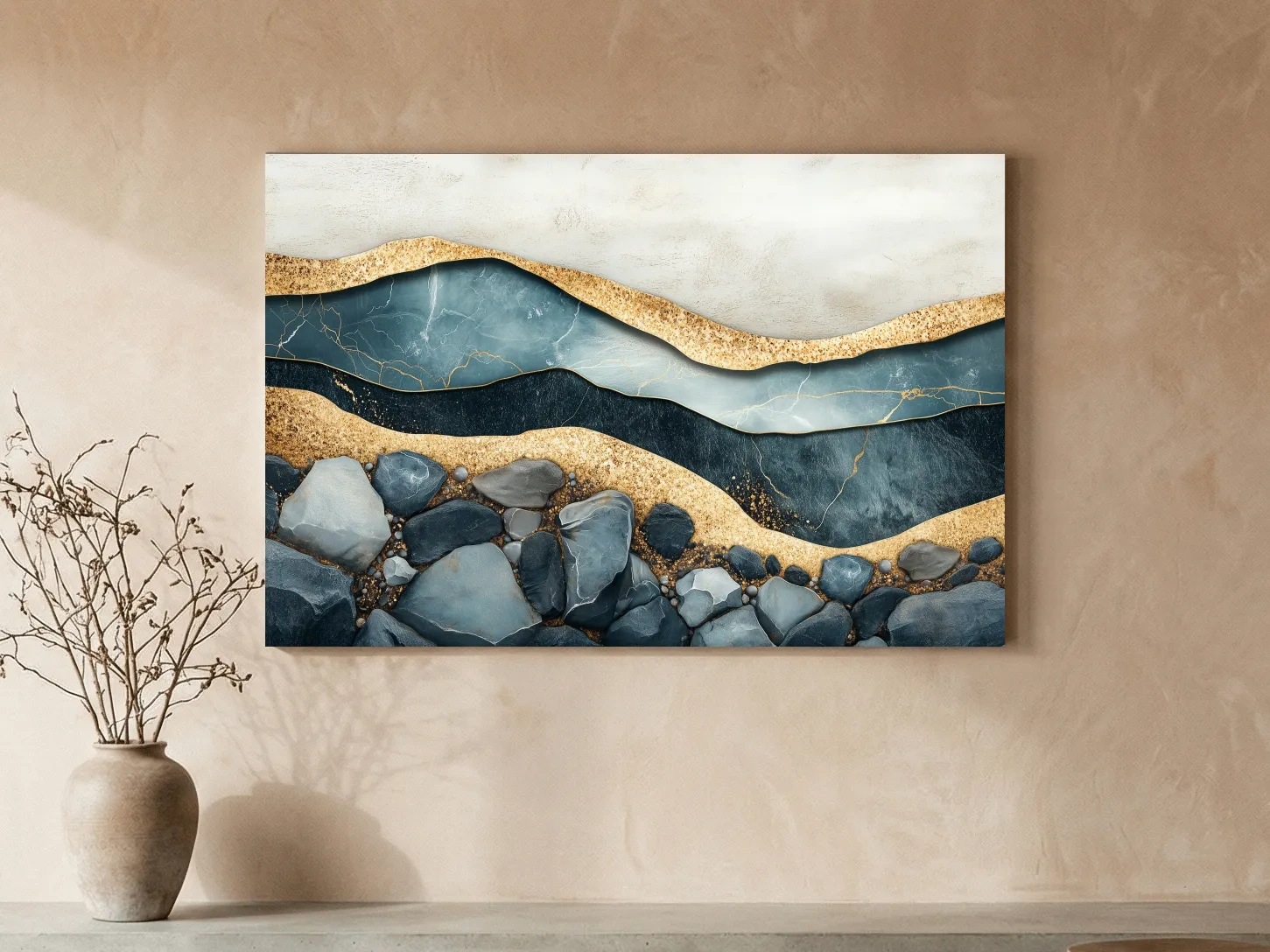 Luxury Teal Gold Marble Geode Layers - Modern River Rock Wall Art