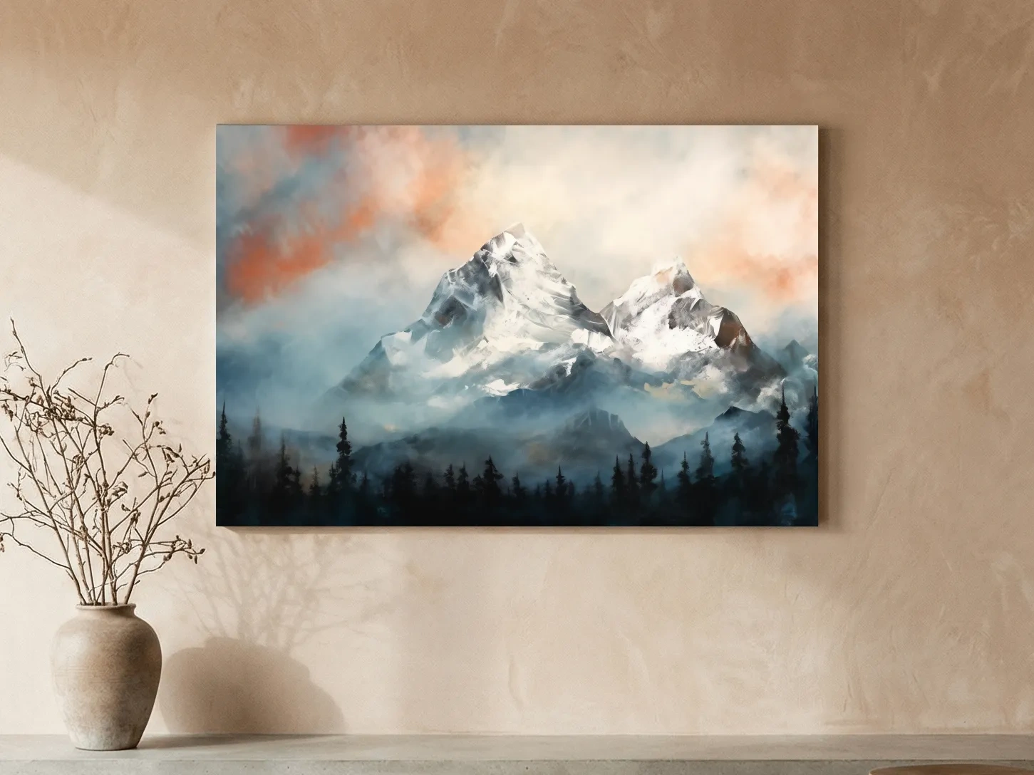 Misty Snowcapped Mountain Peaks Painting - Alpine Sunset Wall Art