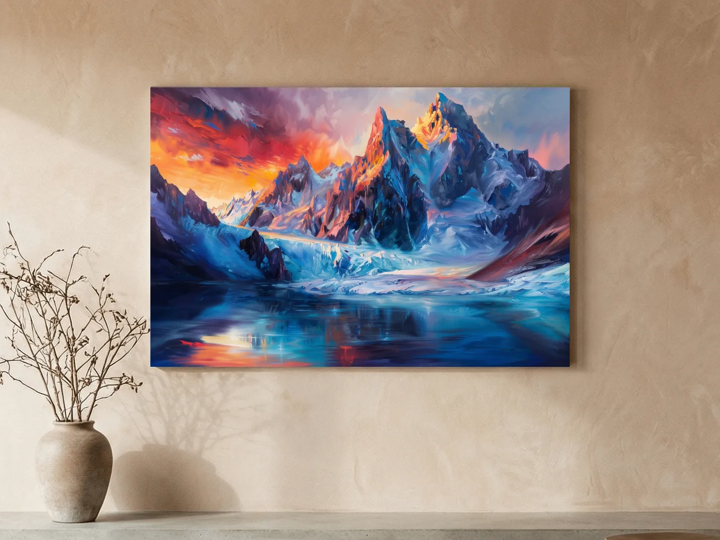 Vibrant Glacial Sunset Impressionism Painting - Dramatic Alpine Mountain Wall Art
