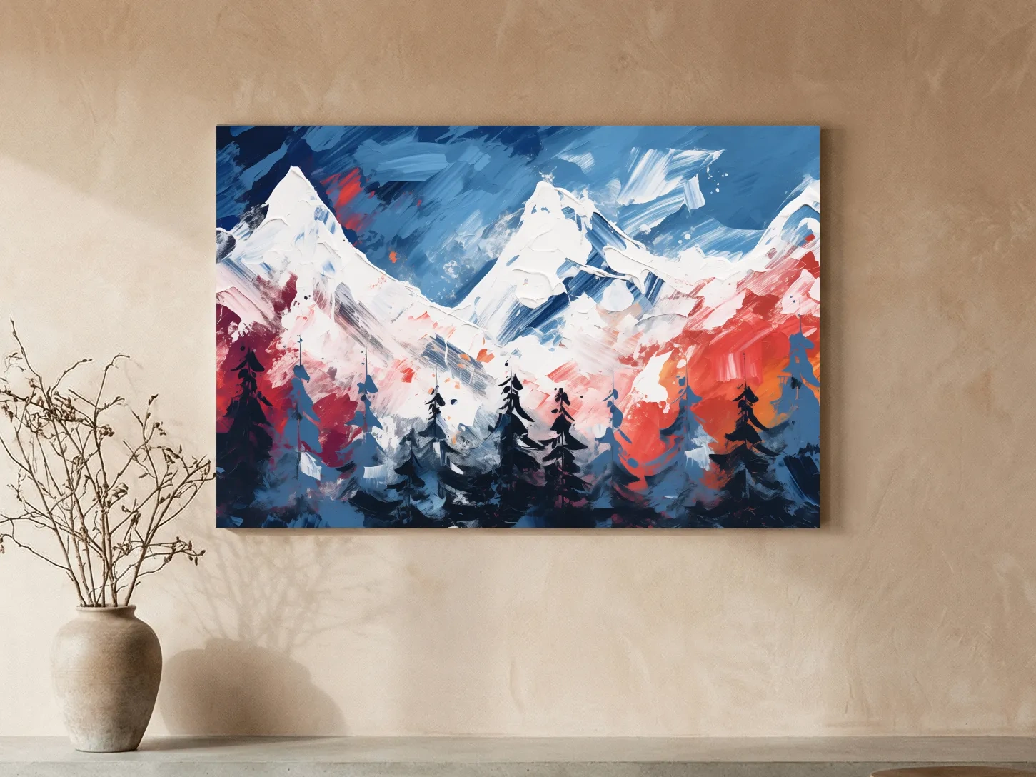 Vibrant Abstract Snowcapped Mountain Peaks - Bold Alpine Forest Landscape Art