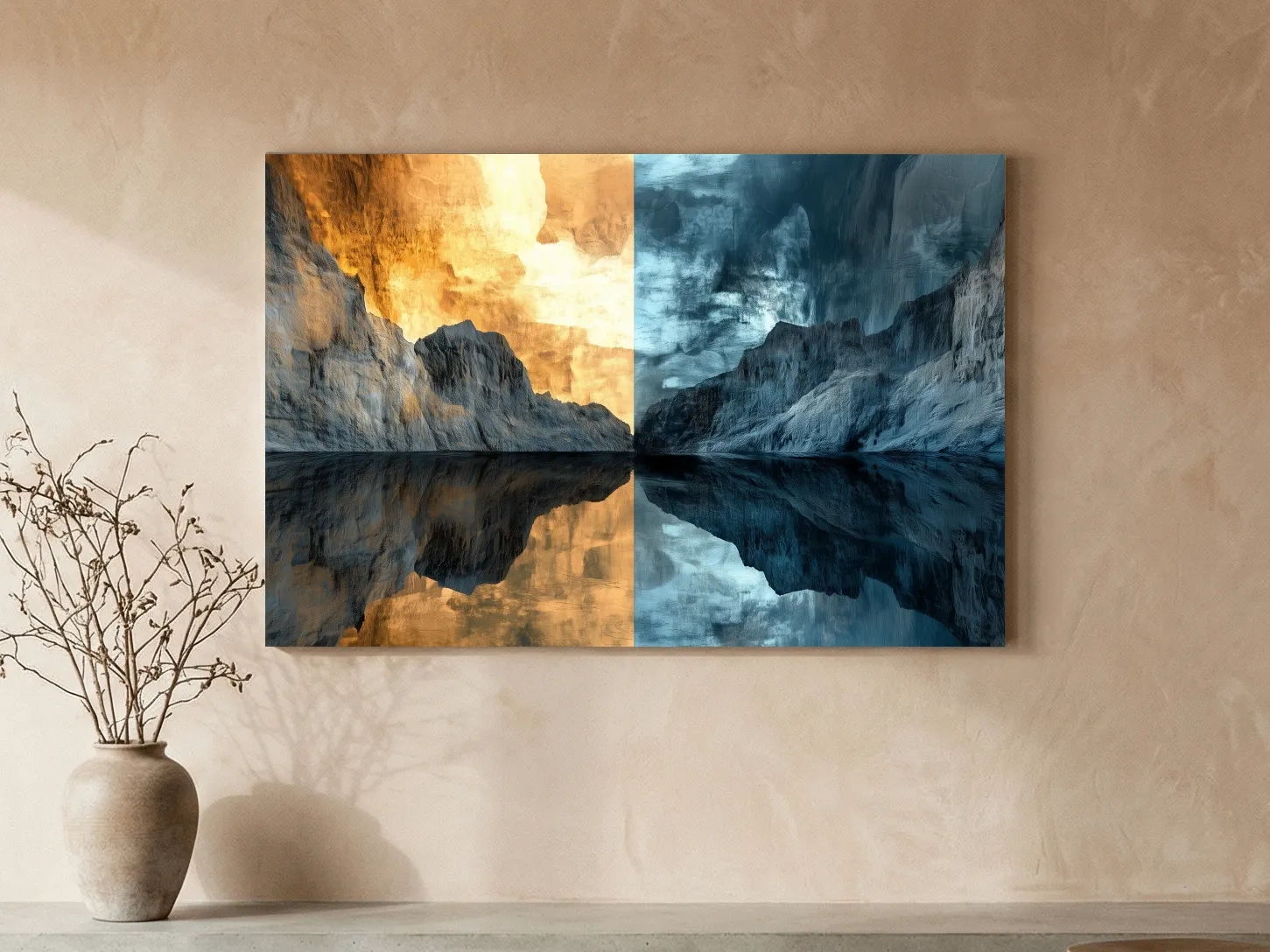 Split Tone Mountain Lake Reflection - Fiery Sunset Cool Twilight