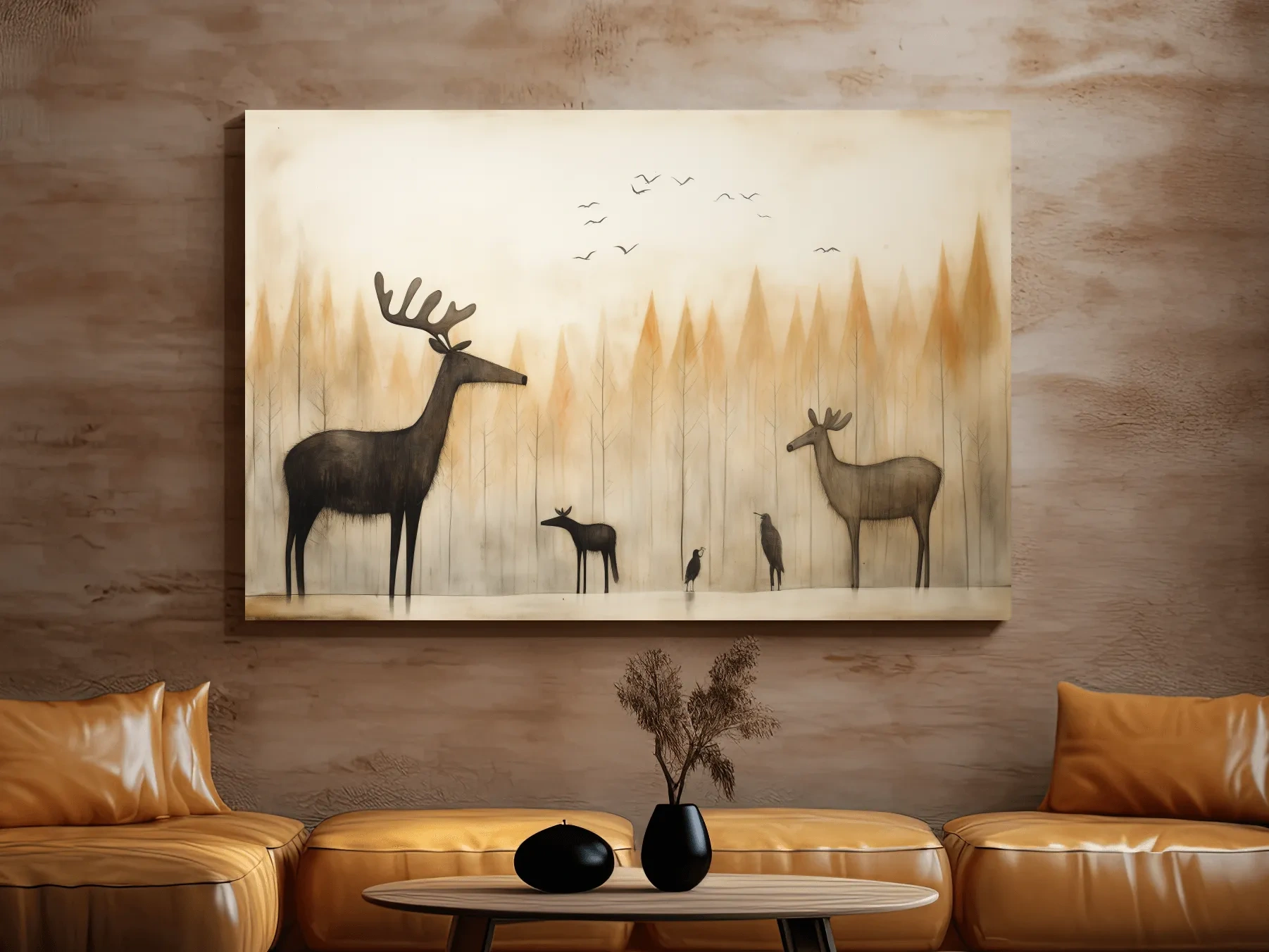 Quirky illustration of a deer family in the forest