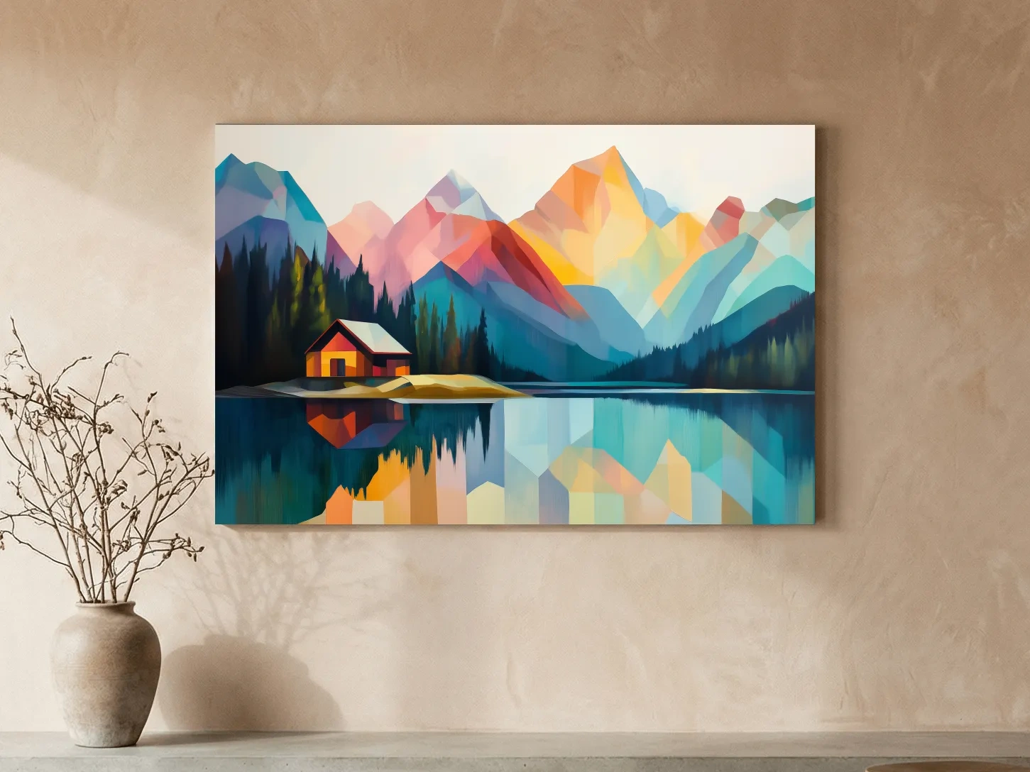 Vibrant Geometric Mountain Lake Cabin - Modern Abstract Landscape Wall Art