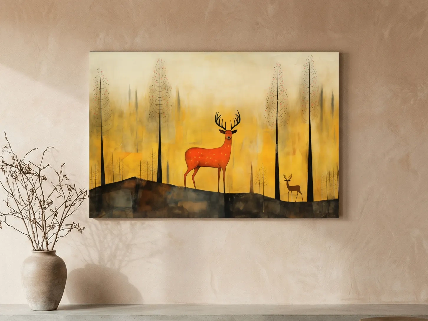 Whimsical Deer In Autumn Forest - Golden Woodland Landscape Wall Art