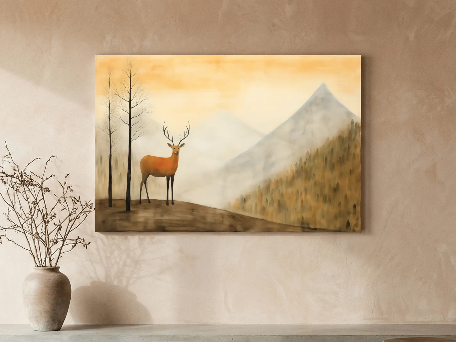 Deer Alpine Mountain Landscape Painting - Serene Foggy Forest Wall Art