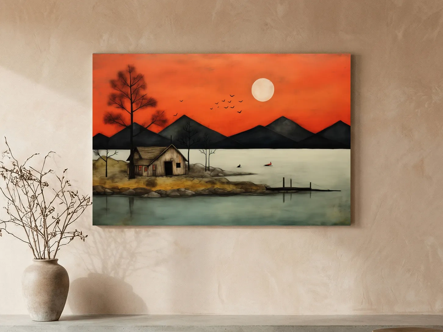 Rustic Lakeside Cabin Sunset Painting - Mountain Wall Art