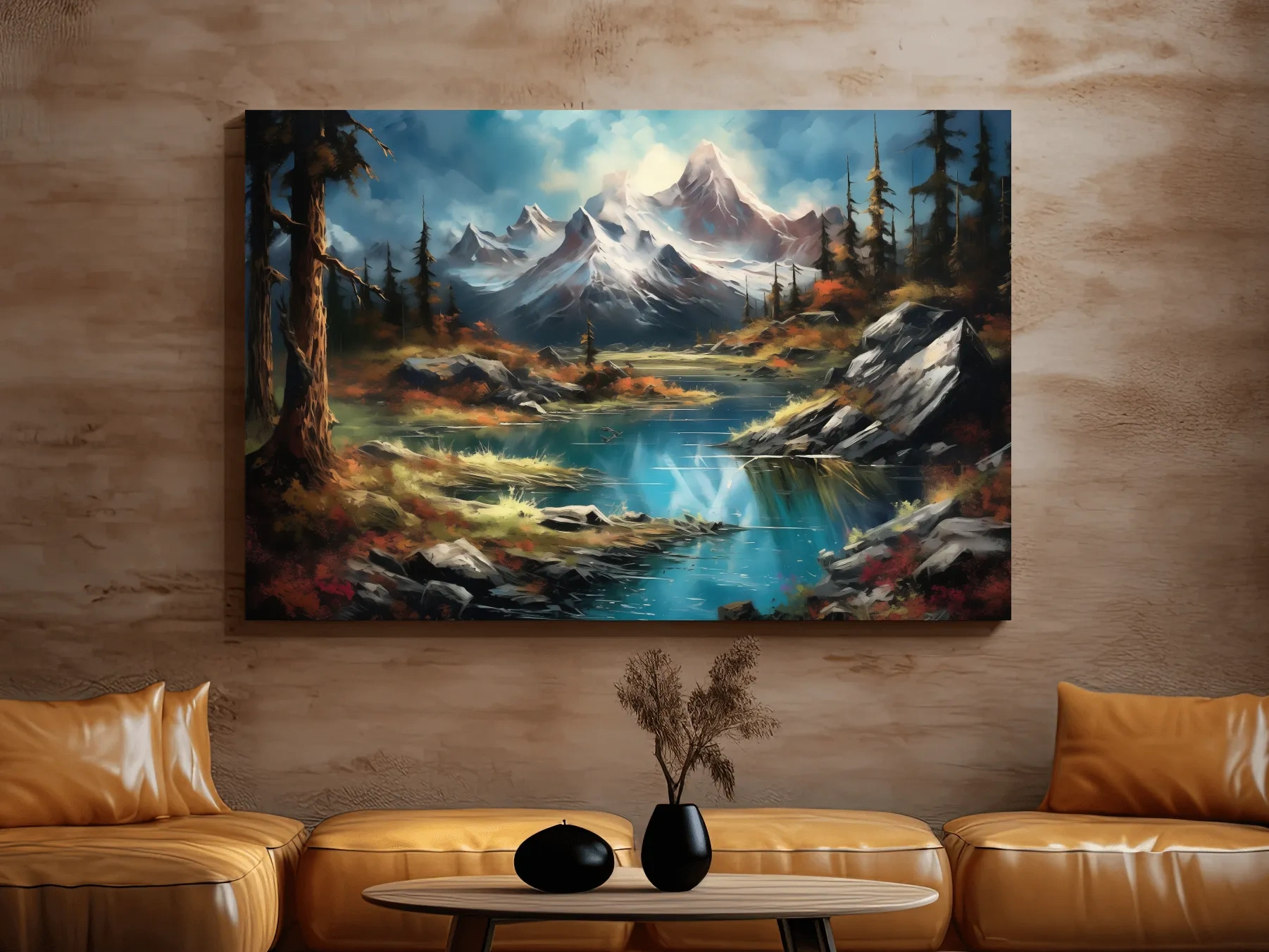 Serene alpine lake and snow-capped mountains wall artwork, vibrant scenic painting
