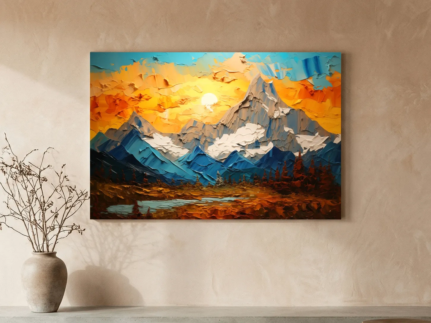 Palette Knife Style Mountain Sunset Painting - Vibrant Abstract Alpine Artwork