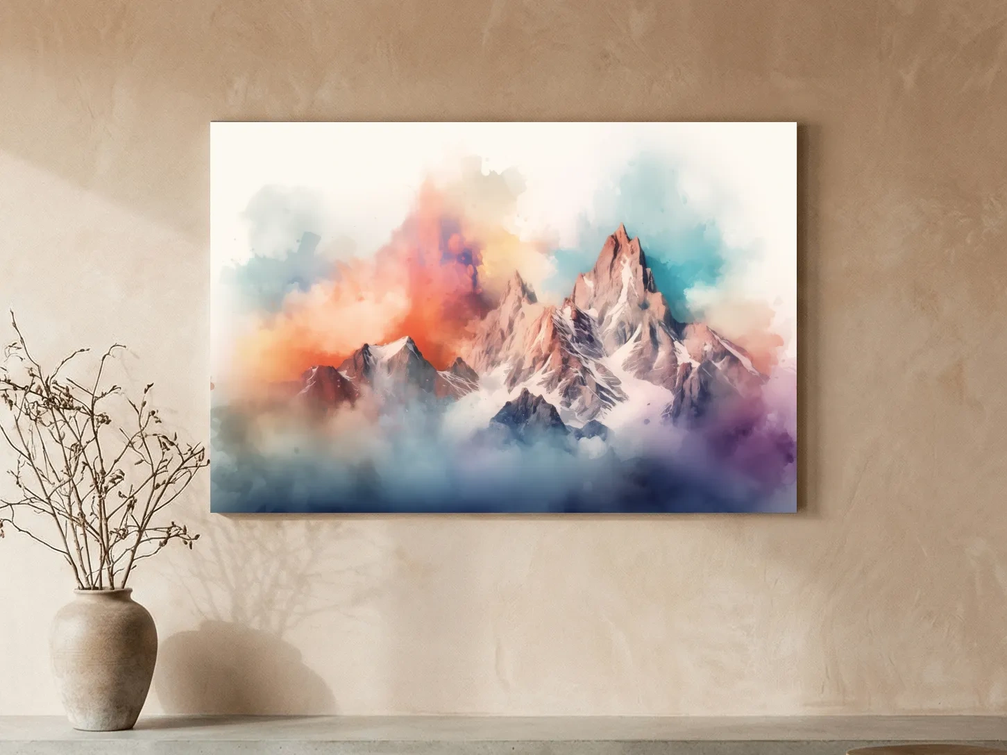 Vibrant Watercolor Alpine Mountain Peaks - Colorful Misty Artwork