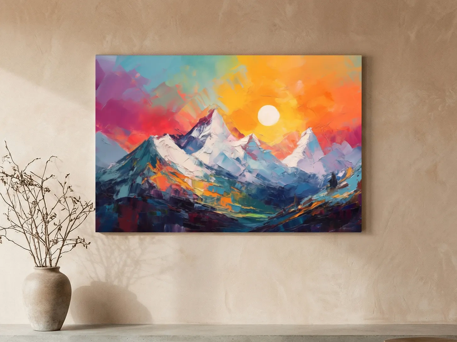 Vibrant Impasto Mountain Sunset Painting - Colorful Abstract Alpine Wall Art