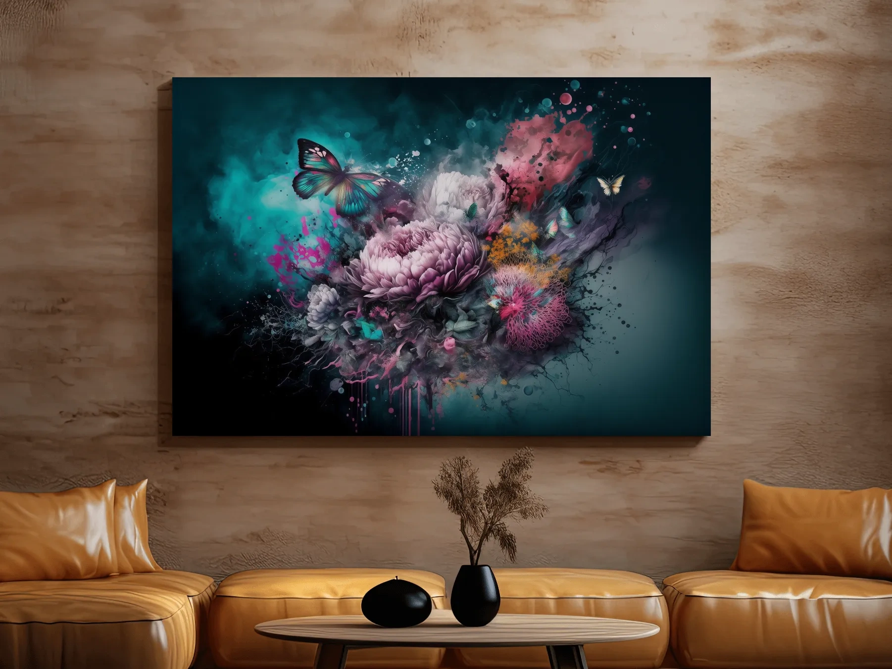 Fantasy floral explosion artwork with butterflies, vibrant abstract wall art 