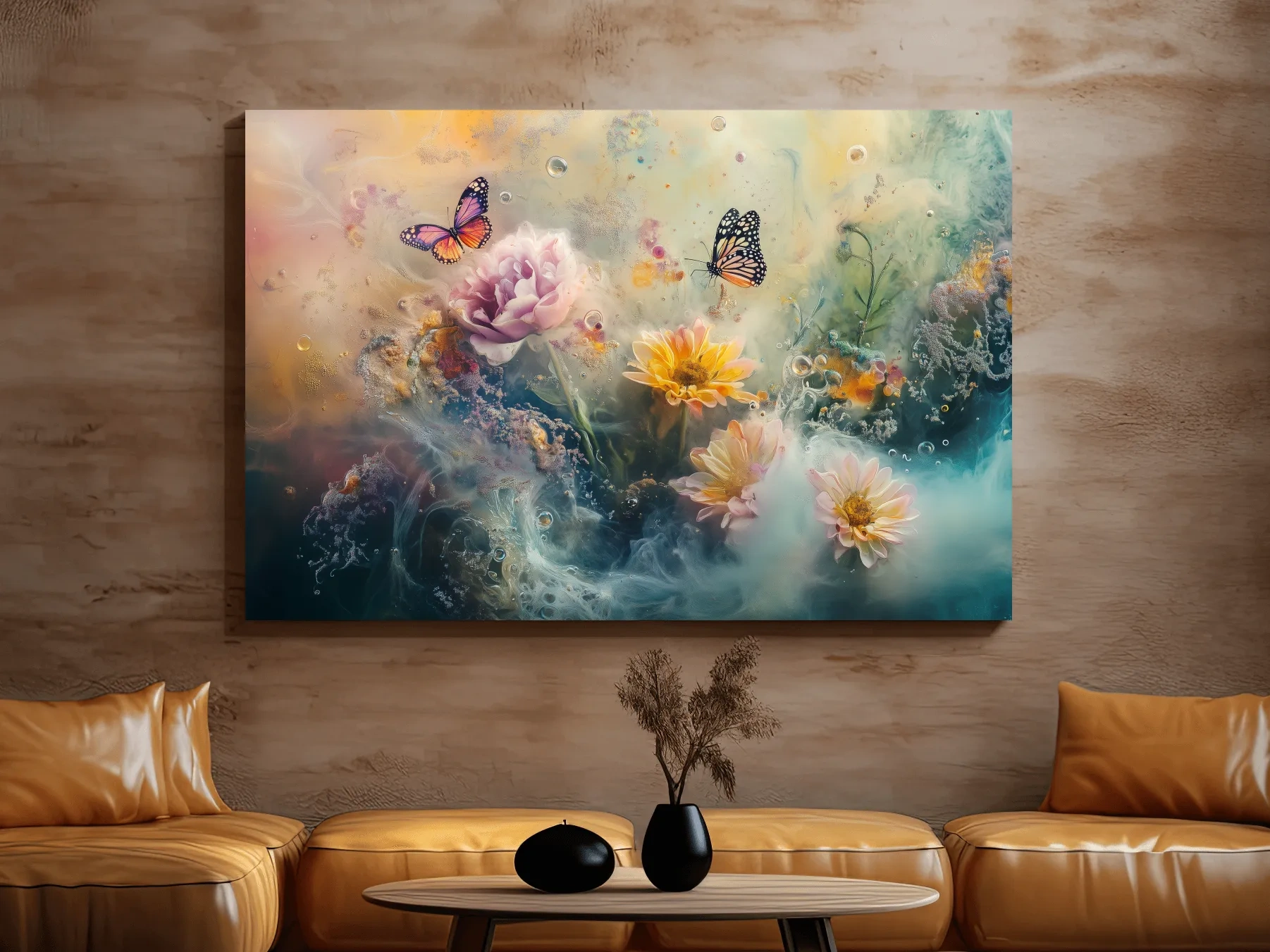 Abstract butterfly and flower wall art painting, dreamy pastel artwork