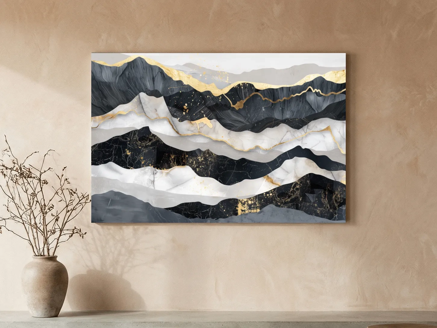 Abstract Black Marble Mountain Layers - Modern Elegant Gold Foil Style Landscape Wall Art