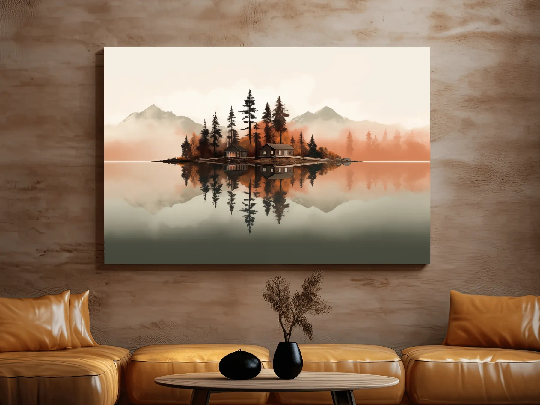 Minimalist art, lakeside cabin amongst the trees