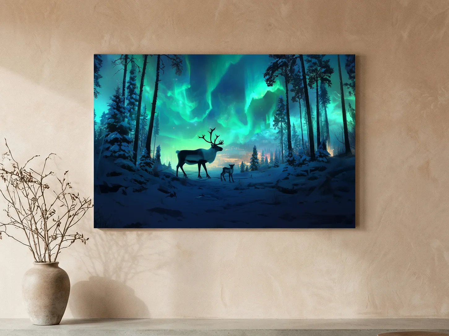 Caribou Buck Under Aurora Borealis Winter Scene - Fantasy Northern Lights Forest Wall Art