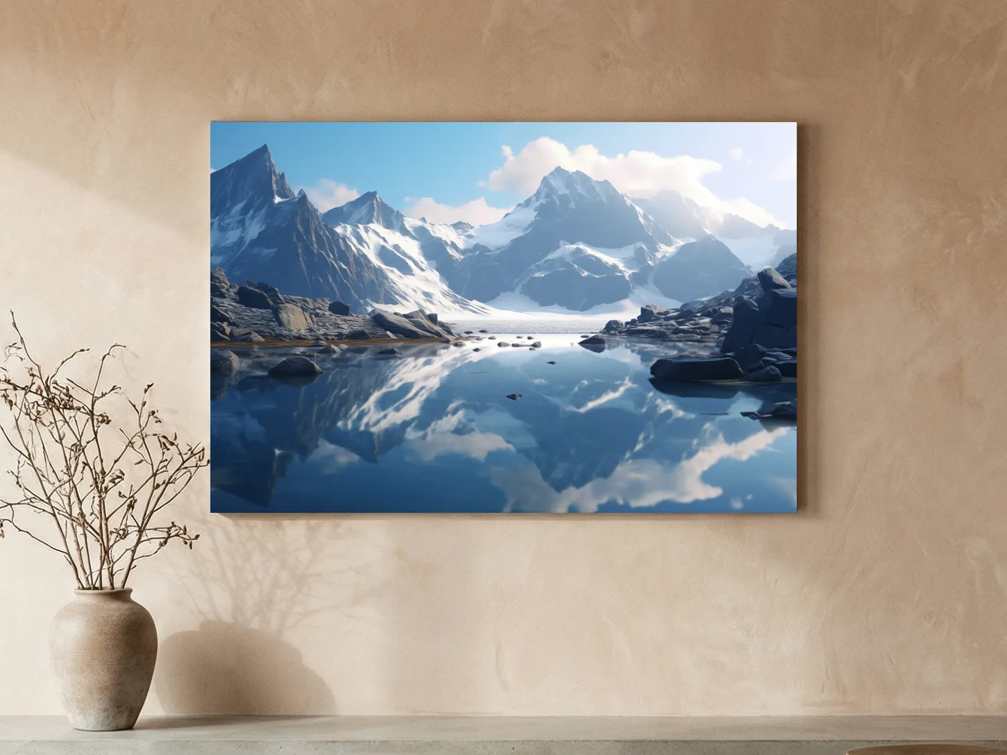 Majestic Snowcapped Mountain Lake Artwork - Serene Alpine Photography Wall Art