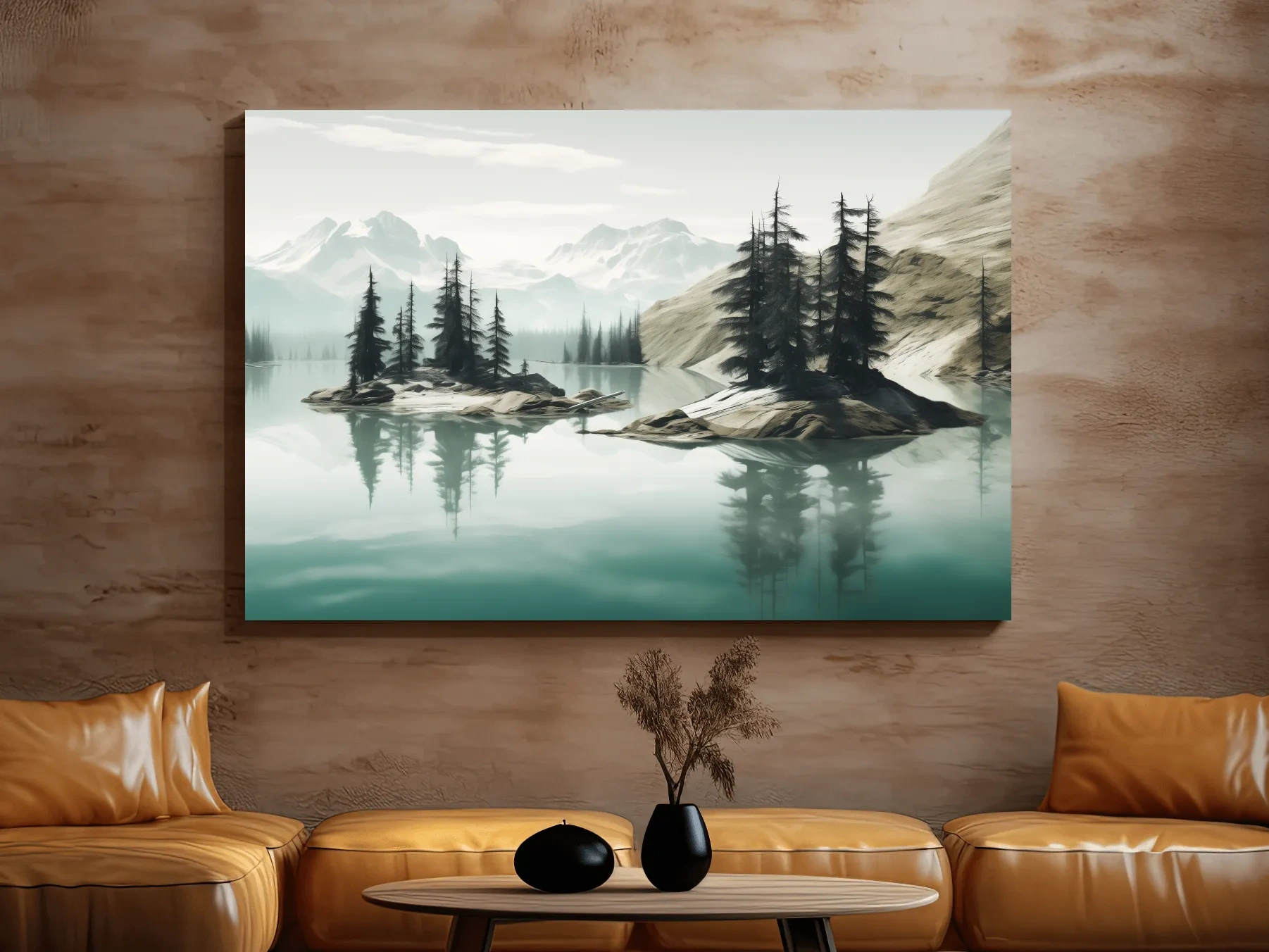 Painting of trees on a pacific northwest turquoise lake alpine lake