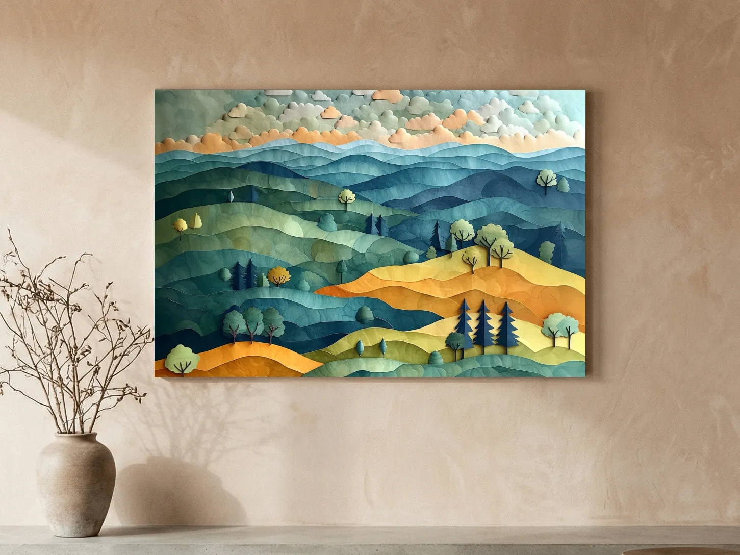 Layered Paper Cut Mountain Landscape - Colorful Modern Nature Wall Art