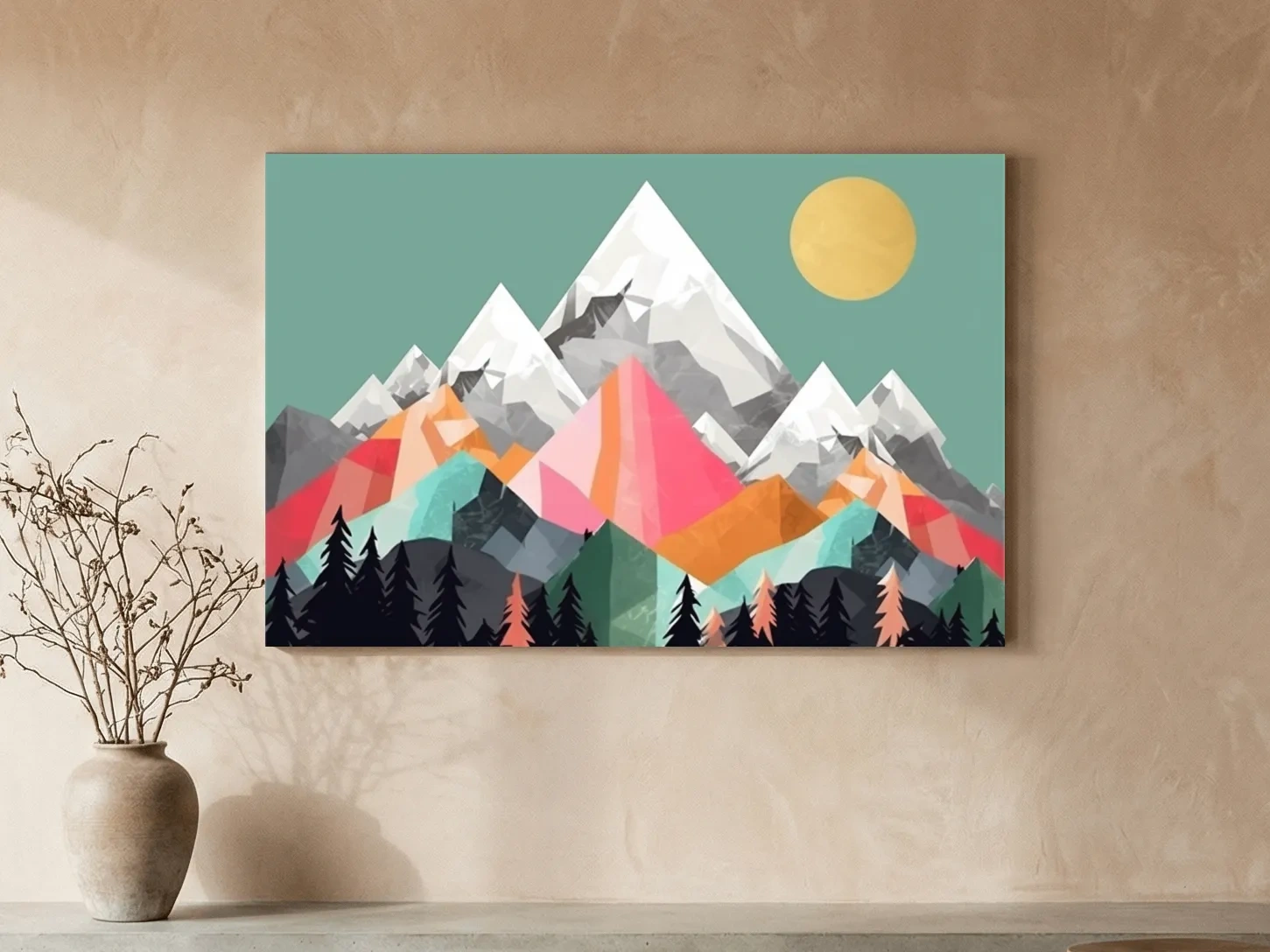 Geometric Abstract 2D Mountain Sunrise Art - Colorful Mid Century Wall Art