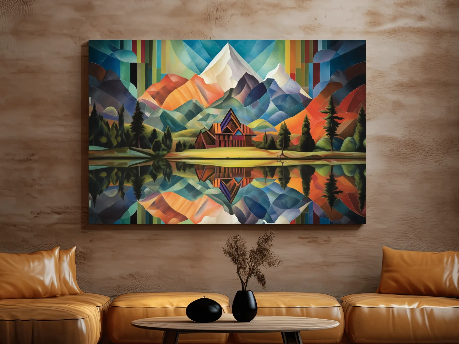 Vibrant Geometric Mountain Cabin Lake Reflection - Colorful Abstract Landscape Wall Art