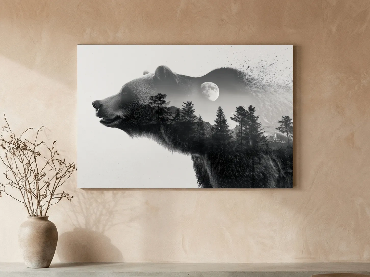 Black And White Grizzly Bear Double Exposure - Moonlit Pine Forest Mountain Wall Art