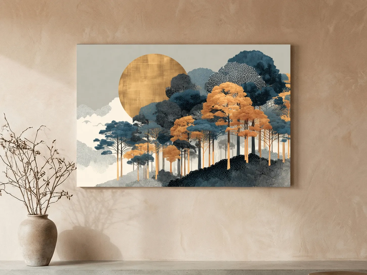 Modern Chic Golden Sun Over Autumn Forest - Elegant Boho Landscape Wall Art