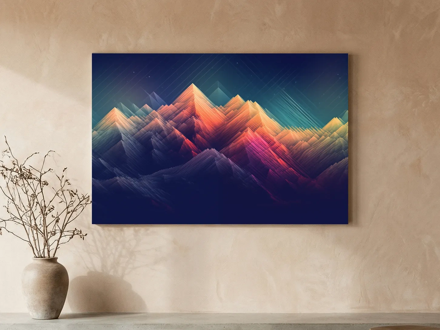 Vibrant Geometric Neon Mountain Peaks - Abstract Alpine Wall Art