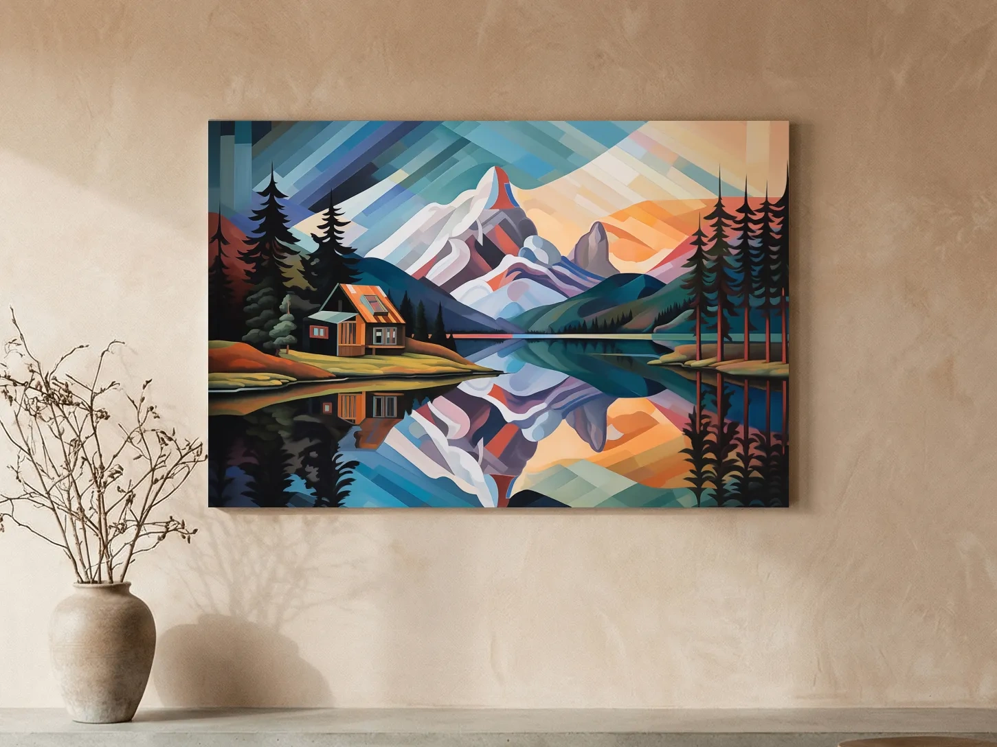 Mountain Cabin by the Lake Canvas Print - Abstract Oil Painting Sunset Wall Art