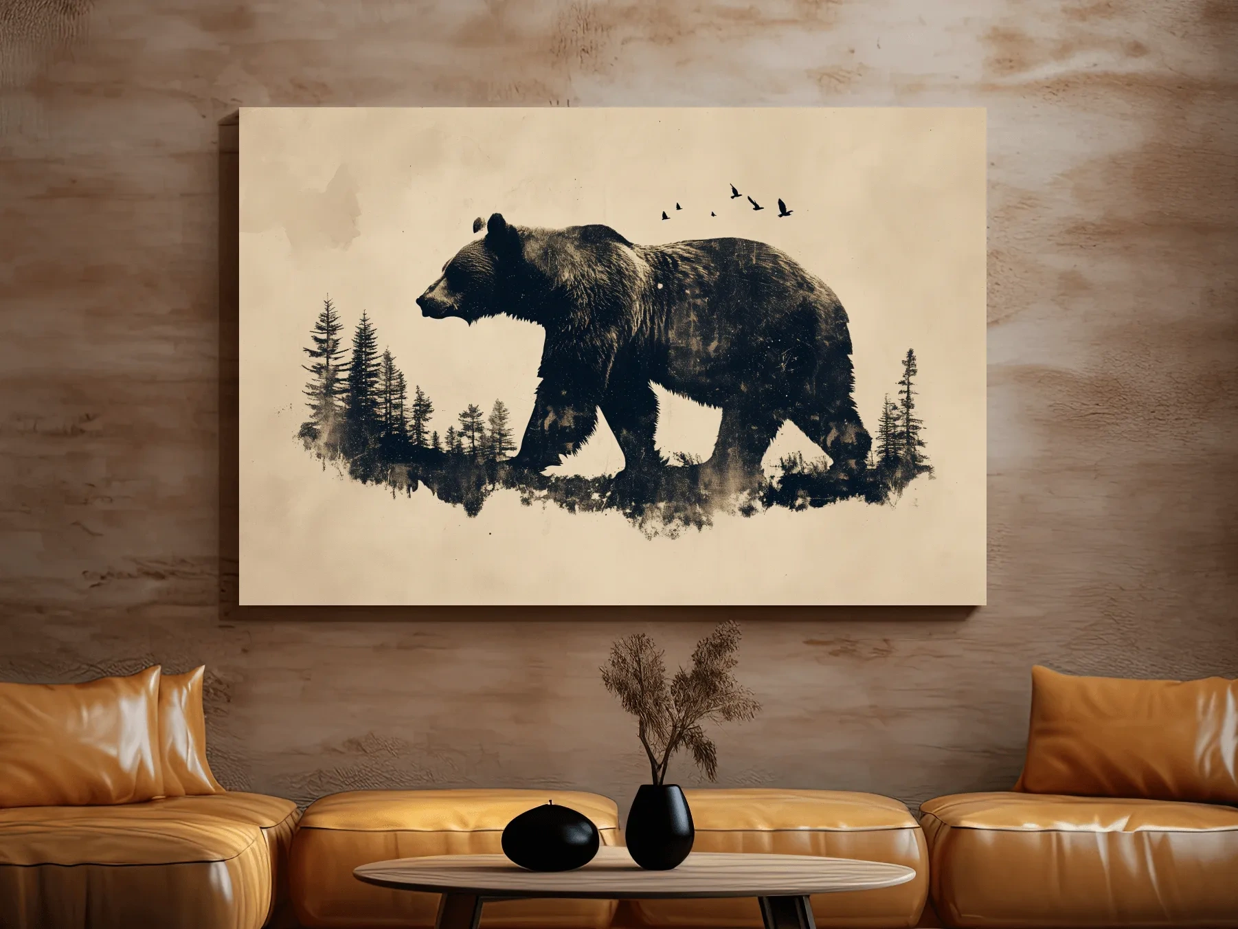 Vintage Grizzly Bear Forest Silhouette - Rustic Wildlife Wall Art