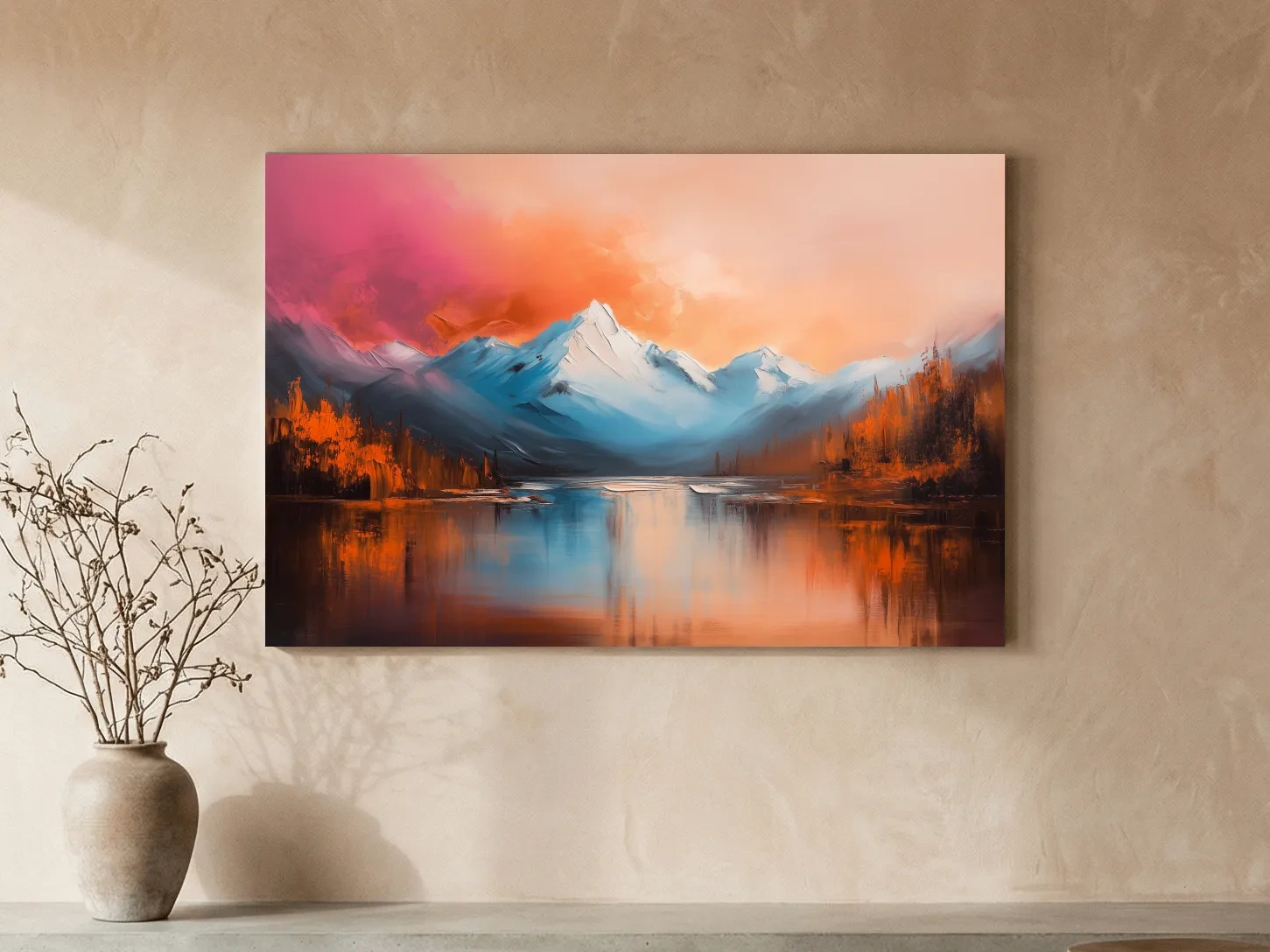 Sunset Mountain Lake Painting - Serene Abstract Landscape Wall Art Print