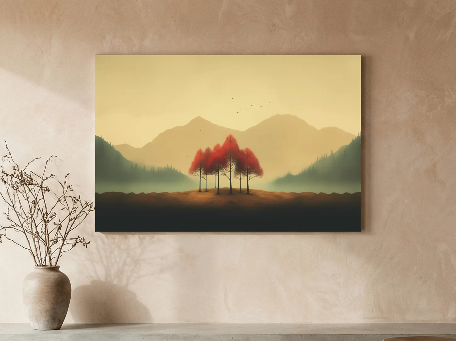Minimalist Autumn Tree Grove Landscape - Misty Mountain Forest Wall Art