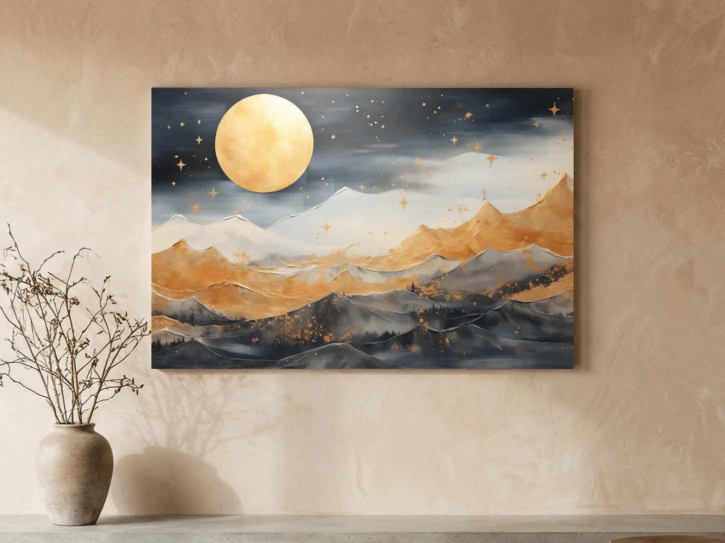 Golden Moonlit Abstract Mountain Landscape - Modern Metallic Watercolor Wall Art