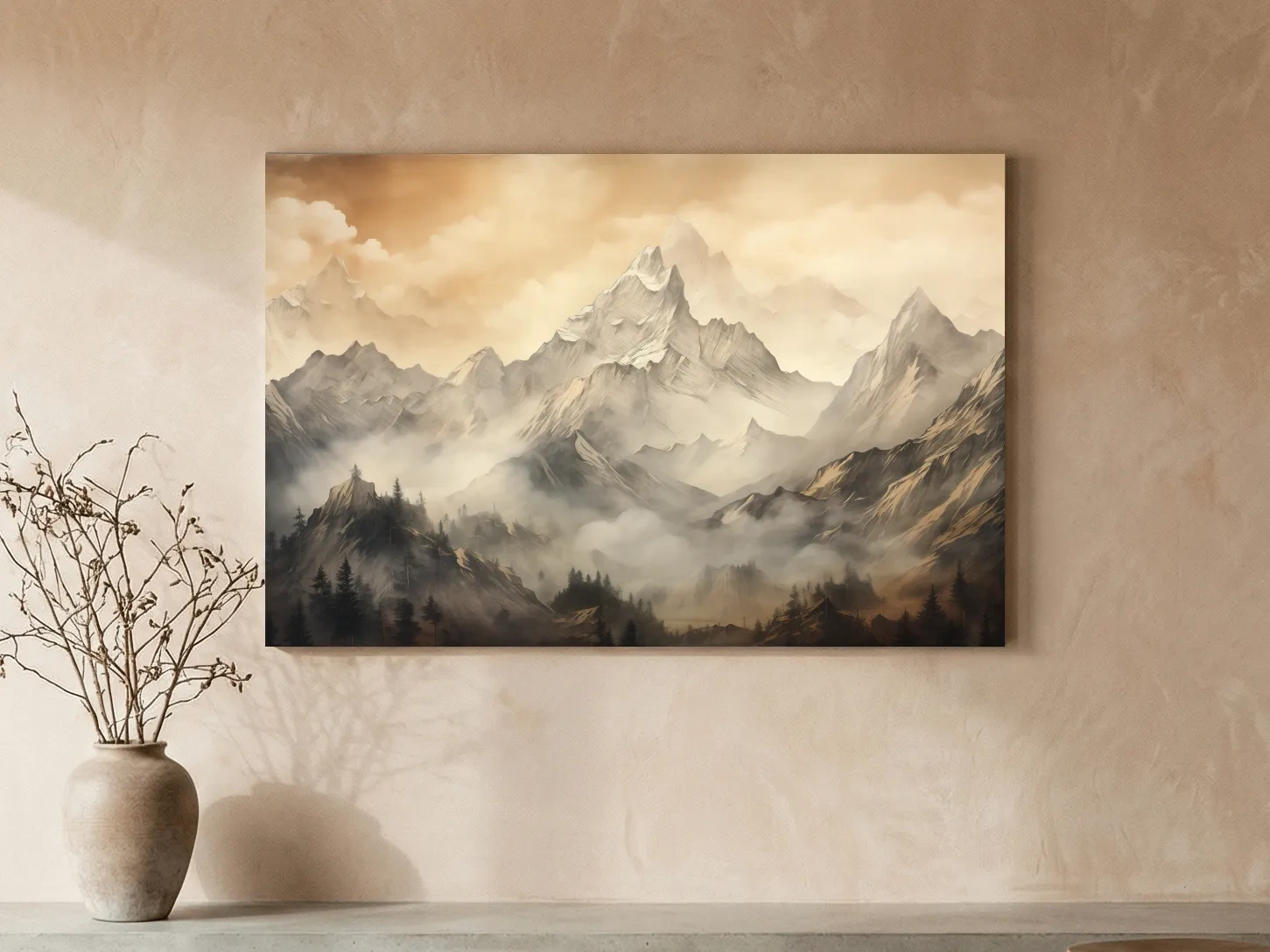 Moody Sepia Misty Mountain Peaks - Atmospheric Alpine Landscape Painting Wall Art